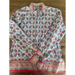 Bella Tu geometric blue and red button up shirt, size Medium